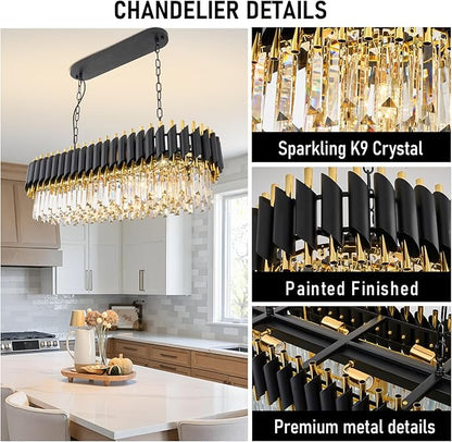 Modern Rectangular Chandelier Black and Gold Crystal Chandeliers for Dining Room 3 Tier 8-Light Oval Contemporary Ceiling Pendant Light Fixture for Kitchen Island Bar Living Room L33 inch