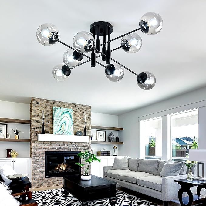 8 Light Glass Globe Ceiling Light Black Mid Century Flush Mount Sputnik Light Fixture Bubble Chandelier Living Room Farmhouse for Dining Room Kitchen Bedroom.