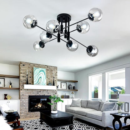8 Light Glass Globe Ceiling Light Black Mid Century Flush Mount Sputnik Light Fixture Bubble Chandelier Living Room Farmhouse for Dining Room Kitchen Bedroom.