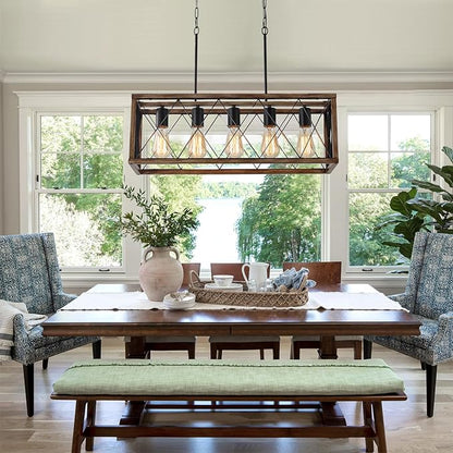 KEESFU 5-Light Dining Room Light Fixture, Farmhouse Kitchen Island Lighting,Adjustable Height Pendant Light, Rustic Linear Chandelier for Kitchen, Dining Room Table, Pool Table. (Wood Grain Color)