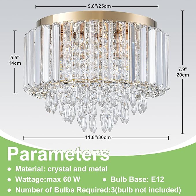 HOPGGIE 11.8 Inch Crystal Chandelier Modern Chandelier Light Mini Chandelier Semi Flush Mount Ceiling Light Fixture Small Chandelier for Bedroom Hallway Kitchen Foyer Closet (Gold)