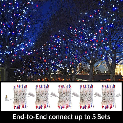LAMPHOME Red White Blue String Lights, 63.8Ft 300 White Wire Fairy Lights, 4th of July Patriotic Lights, Memorial Day Outdoor Fairy Lights for Independence Day Patriotic Decor