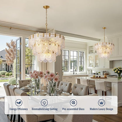 31.5-inch Glass Chandelier,Gold Glass Kitchen Island Lights,16-Light Dining Room Hanging Pendant Light Fixture for Living Room, Bedroom,Foyer, Bathroom,Entryway, Brass Finish, D31.5 xH34.6