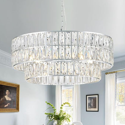 24'' Luxury Chrome Crystal Chandelier 8-Lights Modern Semi Flush Mount Ceiling Light Fixtures Round Crystal Pendant Chandeliers for Living Room Dining Room Kitchen Foyer Bedroom