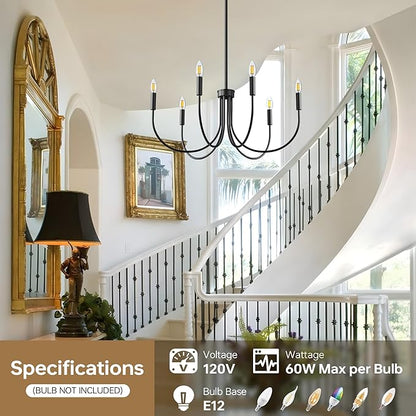 ropelux Dining Room Chandelier, 6-Light Black Farmhouse Light Fixtures Over Table, Hanging Height Adjustable Kitchen Island Lighting with E12 Base (Bulb not Included) for Foyer Bedroom Entryway