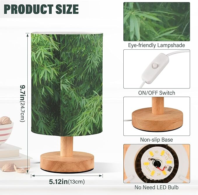Green Bamboo Field Forest Botanical Print Table Lamp with Wood Base Fabric Lamp Shade Bedside Nightstand Desk Lamp for Living Room Bedroom Kids Room Office