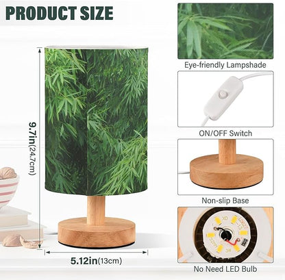 Green Bamboo Field Forest Botanical Print Table Lamp with Wood Base Fabric Lamp Shade Bedside Nightstand Desk Lamp for Living Room Bedroom Kids Room Office