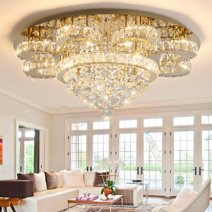 HAIXIANG Modern Chandelier Living Room Glam Chandeliers Ceiling Light Fixture Remote Dimmable Lights 32 Inches Luxury Crystal Gold Light
