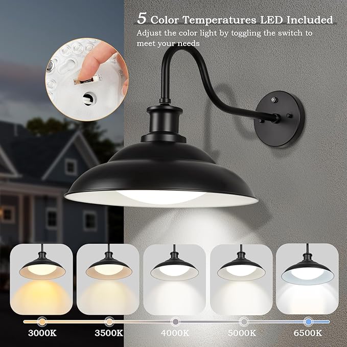 Dusk to Dawn Outdoor LED Barn Lights, 16 Inch Large Farmhouse Exterior Wall Light Fixtures with Adjustable Color Temperature, Modern Black White Porch Lights Outside for House Garage Doorway