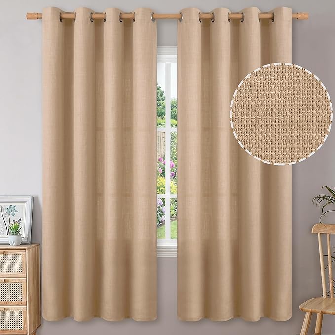 BGment Curtains 72 Inches Long for Living Room, Flax Linen Curtains Burlap Textured Thick Light Filtering Privacy Grommet Window Curtain Drapes for Bedroom, 2 Panels, 52 x 72 Inch, Tan