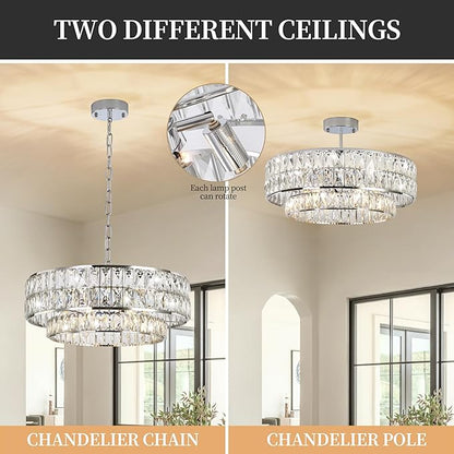 20 Inch Contemporary Luxury Crystal Chandelier, 6-Light Chrome Semi-Flush Mount Ceiling Fixture, Round Crystal Pendant Design Perfect for Living Room, Dining Room, Kitchen, Foyer & Bedroom
