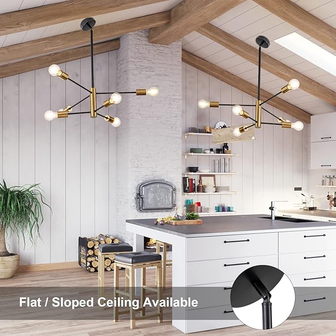 SineRise Modern Sputnik Chandelier Light Fixture, 6-Light Chandelier Ceiling Light Fixture Black and Gold Mid Century Chandelier Height Adjustable for Kitchen, Living Room, Bedroom, Hallway and Foyer