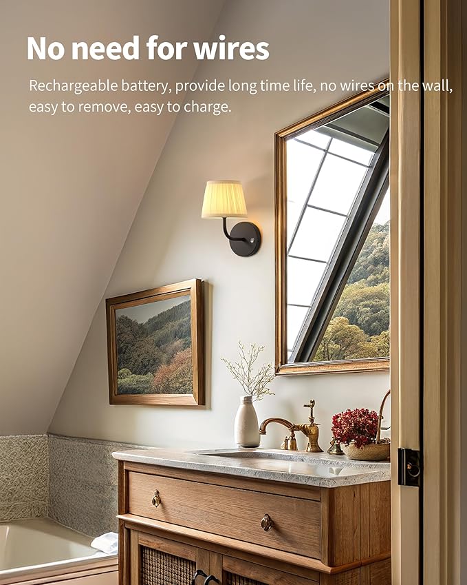 PUSU LED Cordless Black H9.6 inch Small Wall Sconces Set of 2, Rechargeable 5200mAh Battery Operated Fabric Wall Lamp with Remote, Lighting for Living Room, Bedroom, Hallway, Bathroom, Stairs, Kitchen