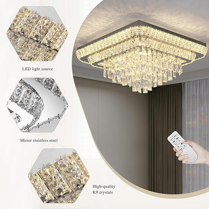 COCOSTAR Crystal Chandeliers, Modern Led Luxury Chandelier, 34" Suqare Flush Mount Chandelier Ceiling Light, Raindrop Chandeliers for Dining Room, Living Room, Bedroom