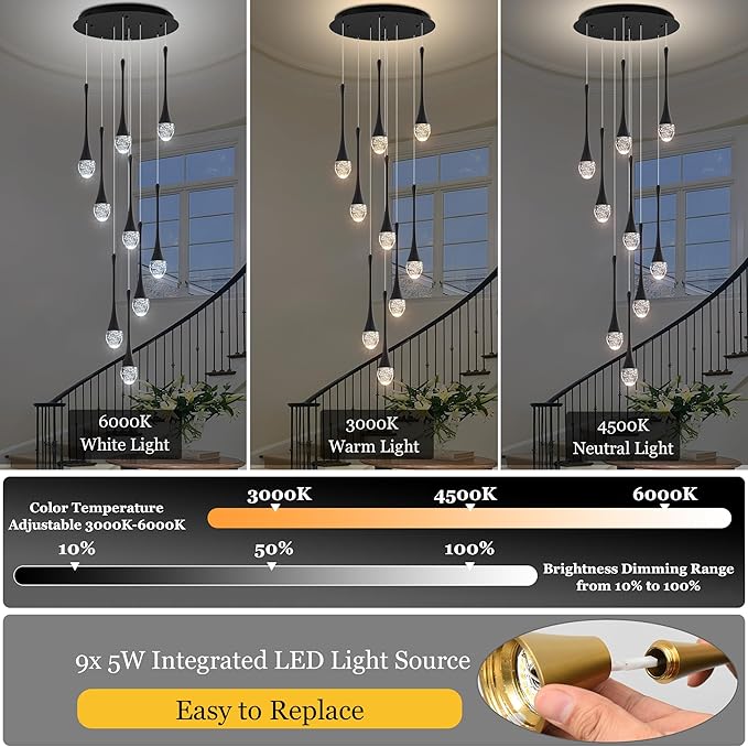 Modern Crystal Chandelier 10-Lights Black, H98.5'' High Ceiling Spiral Dimmable LED Bubble Crystal Raindrop Light Fixture for Foyer Entryway Dining Room Remote Control