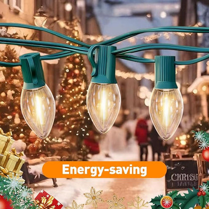 C7 Christmas Lights Outdoor 10ft - Warm White & Clear LED String Lights with 10 Vintage Bulbs, Waterproof Green Wire for Roofline, Patio, Xmas Tree, Halloween, Holiday Decor