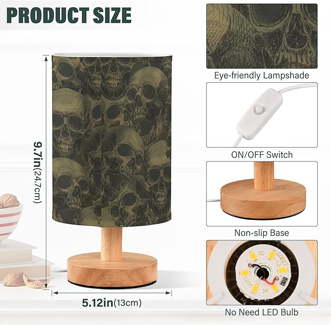 Scary Skull Pattern Table Lamp with Wood Base Fabric Lamp Shade Bedside Nightstand Desk Lamp for Living Room Bedroom Kids Room Office