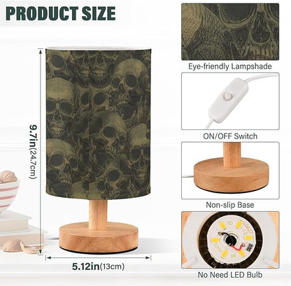 Scary Skull Pattern Table Lamp with Wood Base Fabric Lamp Shade Bedside Nightstand Desk Lamp for Living Room Bedroom Kids Room Office