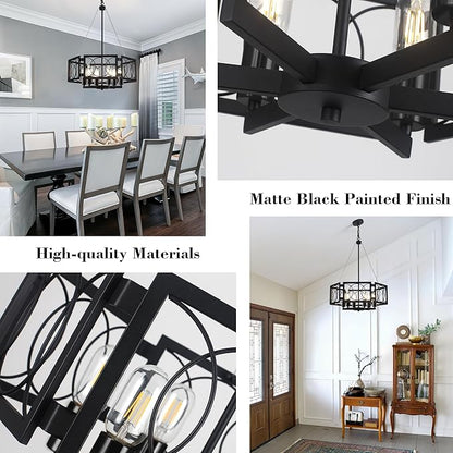 22.83'' Black Farmhouse Chandelier for Dining Room, Large Modern Industrial Geometric Pendant Lighting Fixture Adjustable Hanging Lights for Kitchen Island Foyer Hallway