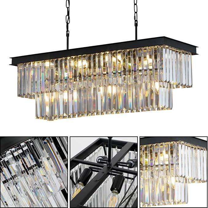 Weesalife Crystal Chandeliers for Dining Room 11-Light Black Modern Chandelier Rectangle Contemporary Pendant Light Fixture for Kitchen Island Bar L33.5 Inch