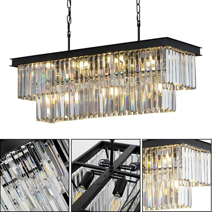 Weesalife Crystal Chandeliers for Dining Room 11-Light Black Modern Chandelier Rectangle Contemporary Pendant Light Fixture for Kitchen Island Bar L33.5 Inch