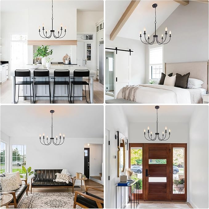 Black Chandelier, 6-Light Farmhouse Chandelier for Dining Room Lighting Fixtures Hanging, Rustic Candle Modern Chandeliers for Living Room Bedroom Foyer Kitchen(Frosted Black)