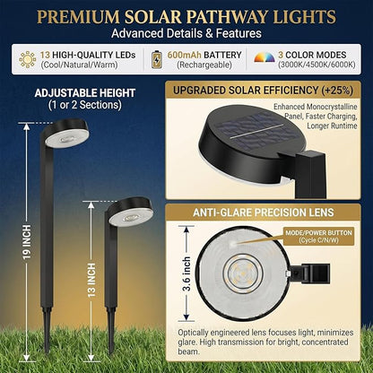 Upgraded Solar Pathway Lights Outdoor Waterproof - 8 Pack 3 Color Temperature Solar Garden Lights (Warm /Neutral/Cool White), Enhanced Brightness LED Landscape Lighting for Yard, Lawn, Walkway