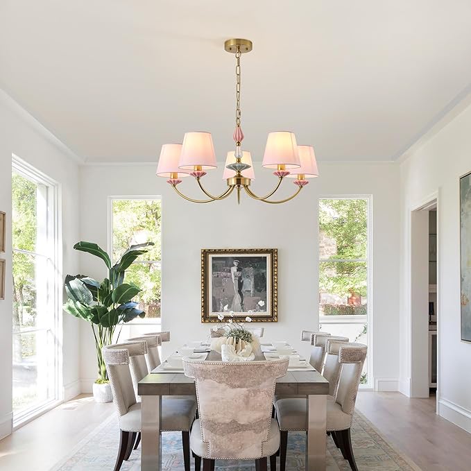 Pink Chandelier for Bedroom Light Fixture, Brushed Gold Art Deco Chandelier with Fabric Shade,Antique Modern Chandeliers paired with Ceramic for Girls Bedroom，Living Room，Dining Room