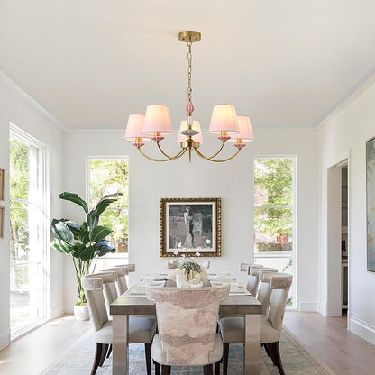 Pink Chandelier for Bedroom Light Fixture, Brushed Gold Art Deco Chandelier with Fabric Shade,Antique Modern Chandeliers paired with Ceramic for Girls Bedroom，Living Room，Dining Room