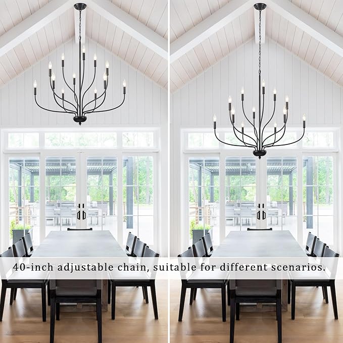 12-Light Black Chandelier for Dining Room, 34 Inch Large Farmhouse Chandeliers for High Ceilings, Foyer Industrial Modern Pendant Light Fixture for Living Room Entryway Hallway Kitchen Island Lights