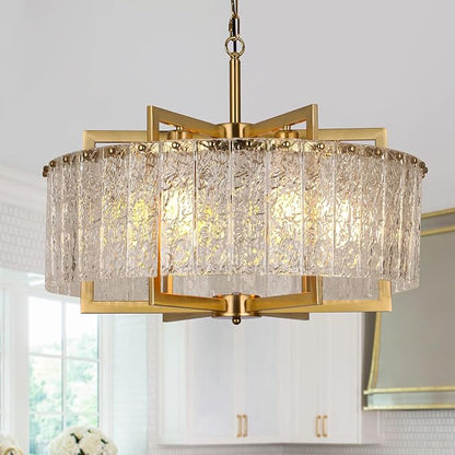 Gold Crystal Chandeliers for Dining Room, 24" Modern Drum Chandelier,Water Ripple Glass, Adjustable Height, Pendant Dining Room Light Fixture for Kitchen Island Hallway Entryway Foyer