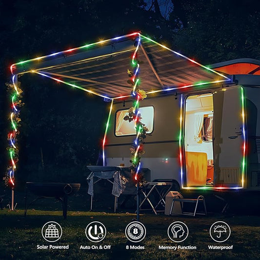 Solar Rope Lights, 66ft 200LED Solar String Lights, 8 Modes Waterproof Solar Powered Outdoor Light, Flexible Clear Tube Light for Garden, Backyard, Patio, Deck, Porch, Pool, Tree Decor - Multicolor