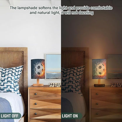 Table Lamp Soccer Ball in Fire Flame Water Sport Design American Football Nightstand Lamp with Wood Base Fabric Lamp Shade Bedside Desk Lamp for Living Room Bedroom Kids Room Office