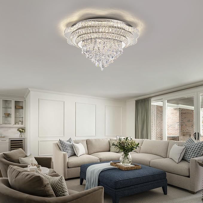 30" Sliver Crystal LED Ceiling Light Fixture with Remote Control,Large Flush Mount Chandelier with 3-Color Dimmable for Living Room Bedroom Dining Room