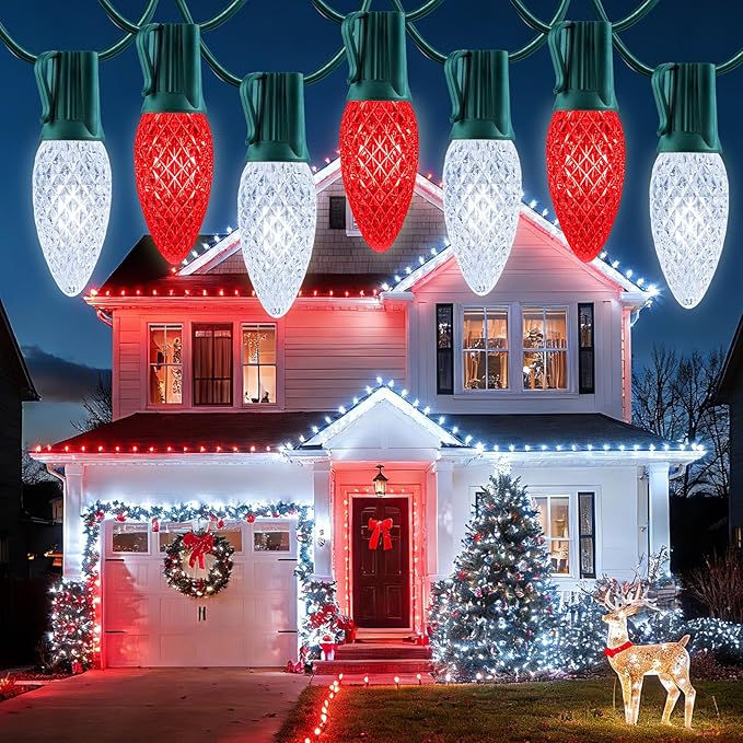 100 Feet Commercia Led Outdoor Christmas Lights, Waterproof C9 Christmas String Lights with 100 C9 Strawberry Bulbs Connectable UL Certified for Roofline Patio Holiday Party Backyard Xmas Decor