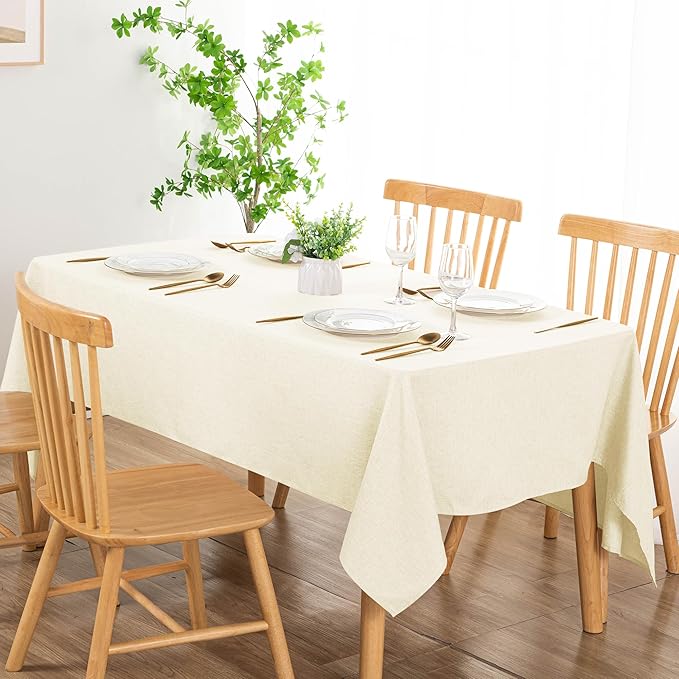 DWCN Rectangle Faux Linen Tablecloth - Textured Waterproof Spill-Proof Wrinkle and Stain Resistant Table Cloth Decorative Fabric Farmhouse Table Cover for Kitchen Dining, 60 x 102 Inch, Champagne