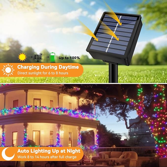 Solar String Lights Outdoor Waterproof 2 Pack Total 66ft 200LED 8 Modes Twinkle Lights Solar Fairy Lights for Patio, Garden Yard Party Wedding Tree Christmas Halloween Decoration, Multicolor