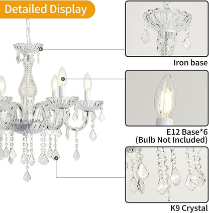 6 Lights K9 Crystal Chandelier Hanging Pendant Light Fixture, Modern Chrome Chandeliers for Dining Rooms ﻿Bedroom Kitchen Island Farmhouse