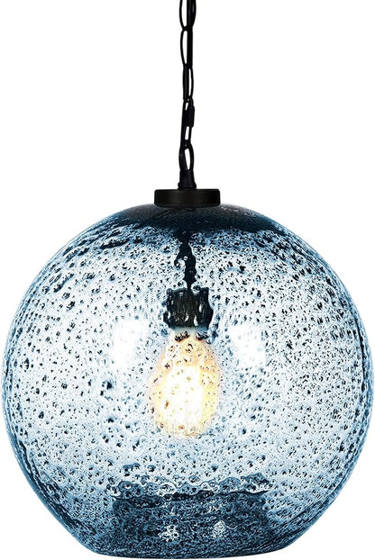 CASAMOTION Farmhouse Pendant Lighting Hand Blown Blue Glass Pendant Lights Kitchen Island Dining Room Table Entryway Black Ceiling Hanging Light Fixtures Large Globe Shade 15.6 Inch H
