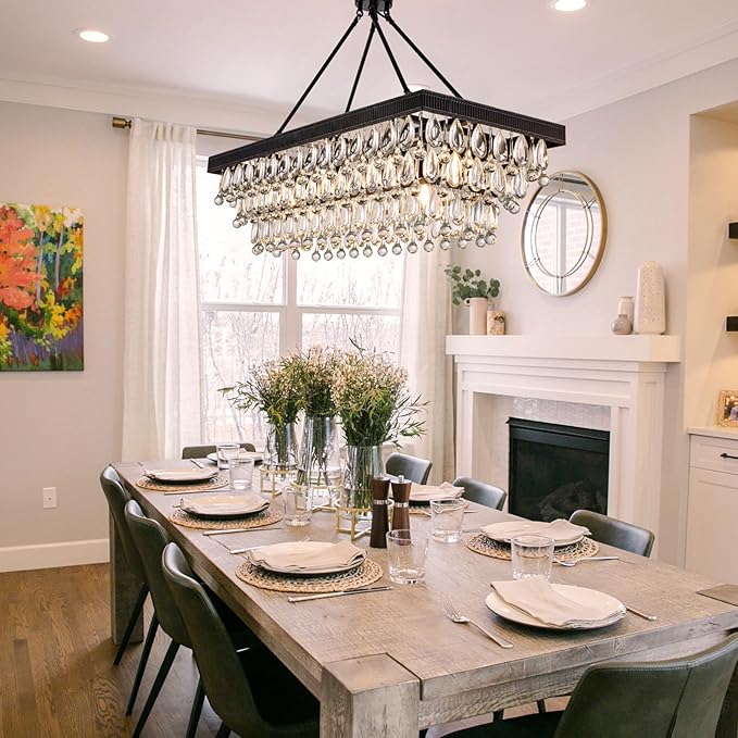 TOCHIC Crystal Dining Room Chandelier Over Table, Black Linear Rectangle Chandeliers, 7 Lights Modern Farmhouse Pool Table Billiard Light Fixture for Kitchen Island, Living Room, Entryway, 38" L