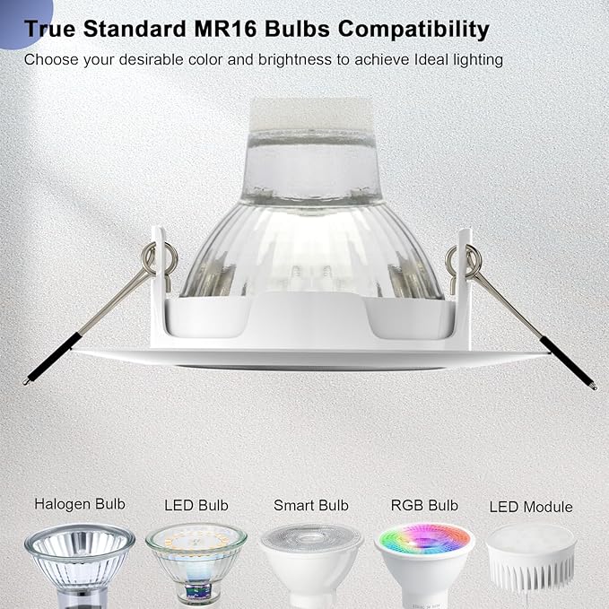 6 Pack Recessed Lighting Trims, MR16 GU10 GU5.3 Holders, 3 inch Recessed Light Socket, Adjustable Spotlight Frame Suitable for Ceiling Cabinet Kitchen, Matte White