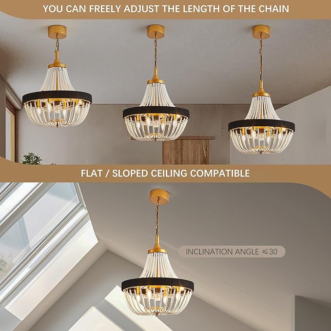 20 Inch Bohemian Empire Ceiling Fan Light 7 Blades, Remote APP Control, Adjustable Chain, Quiet Operation Ideal for Hallway, Living Room, Bedroom (Gold Metal+White Wood Bead, 20" Rustic Style)