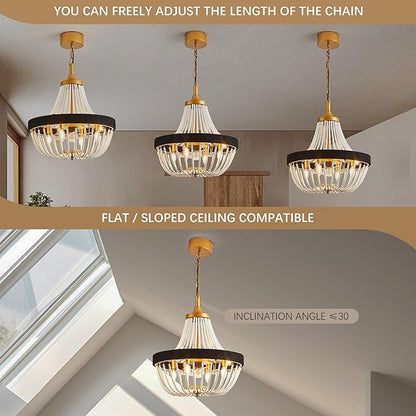 20 Inch Bohemian Empire Ceiling Fan Light 7 Blades, Remote APP Control, Adjustable Chain, Quiet Operation Ideal for Hallway, Living Room, Bedroom (Gold Metal+White Wood Bead, 20" Rustic Style)