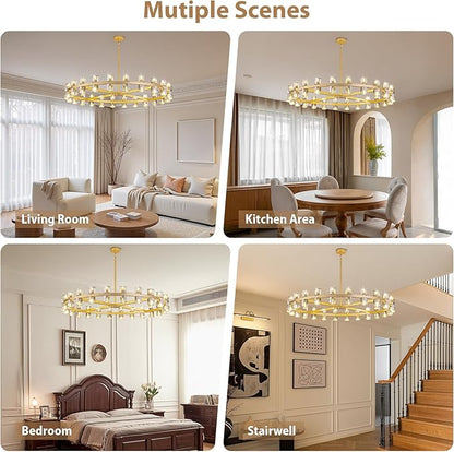 48-Light Large Gold Chandeliers for High Ceilings, 48 Inch Modern Crystal Wagon Wheel Chandelier, Farmhouse Industrial Round Chandelier Pendant Lighting Fixture for Dining Living Room Kitchen Foyer