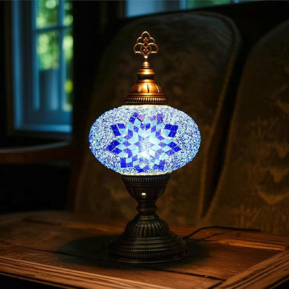 Turkish Lamp, Mosaic Table Lamp, Antique Moroccan Decorative Glass Bohemian Vintage Lamp Shade, Small Desk Tiffany Bedside Stained Glass Lamp with US Plug and E12 Socket