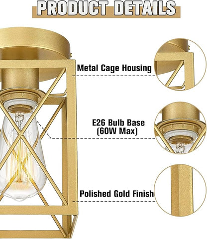 Ken & Ricky Hallway Flush Mount Ceiling Light,Cage Farmhouse Light Fixture Hardwired for Kitchen Over Sink,Bathroom,Laundry Room Entryway,Industrial Vintage Style,Single E26 Bulb（Gold,2PK）