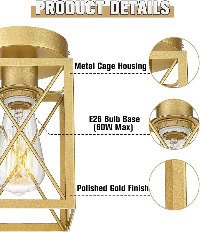 Semi Flush Mount Ceiling Light,Metal Cage Farmhouse Light Fixture Hardwired for Entryway, Hallway, Kitchen Over Sink, Bathroom,Laundry Room,Modern Industrial Vintage Style,Single E26 Bulb（Gold,1PK）
