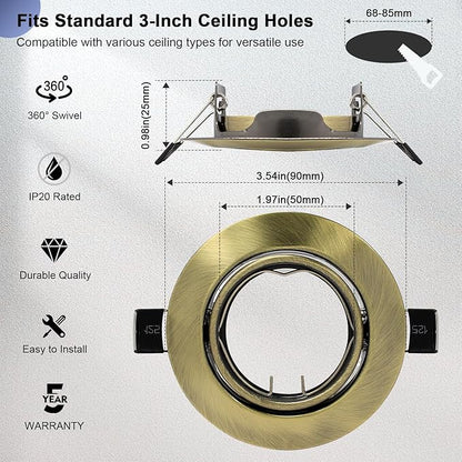 6 Pack Recessed Ceiling Downlight Fitting, Metal Downlight Frame for MR16 GU5.3 Bulbs, Adjustable Holder Applies to Artwork Cabinet, Antique Brass