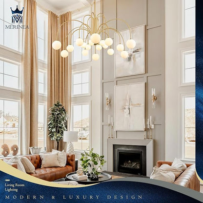 Extra Large Mid Century Sputnik Chandelier L59’’ 18 Lights Modern Gold Milk Glass Globe Ceiling Pendant Light Fixture for Foyer Staircase Living Dining Room High Ceiling