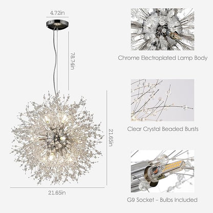 Sputnik Crystal Chandeliers, 12 Lights Dandelion Chandelier Chrome, Modern Firework Pendant Light Fixture for Kitchen Island Dining Room Bedroom